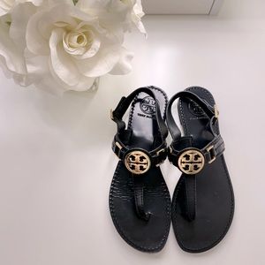 Tory Burch Black Leather Ankle Strap Sandal Gold Hardware